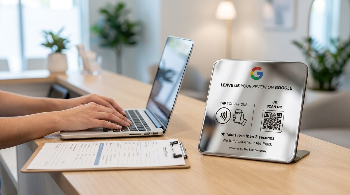 Google review plate on a clinic front desk beside a laptop