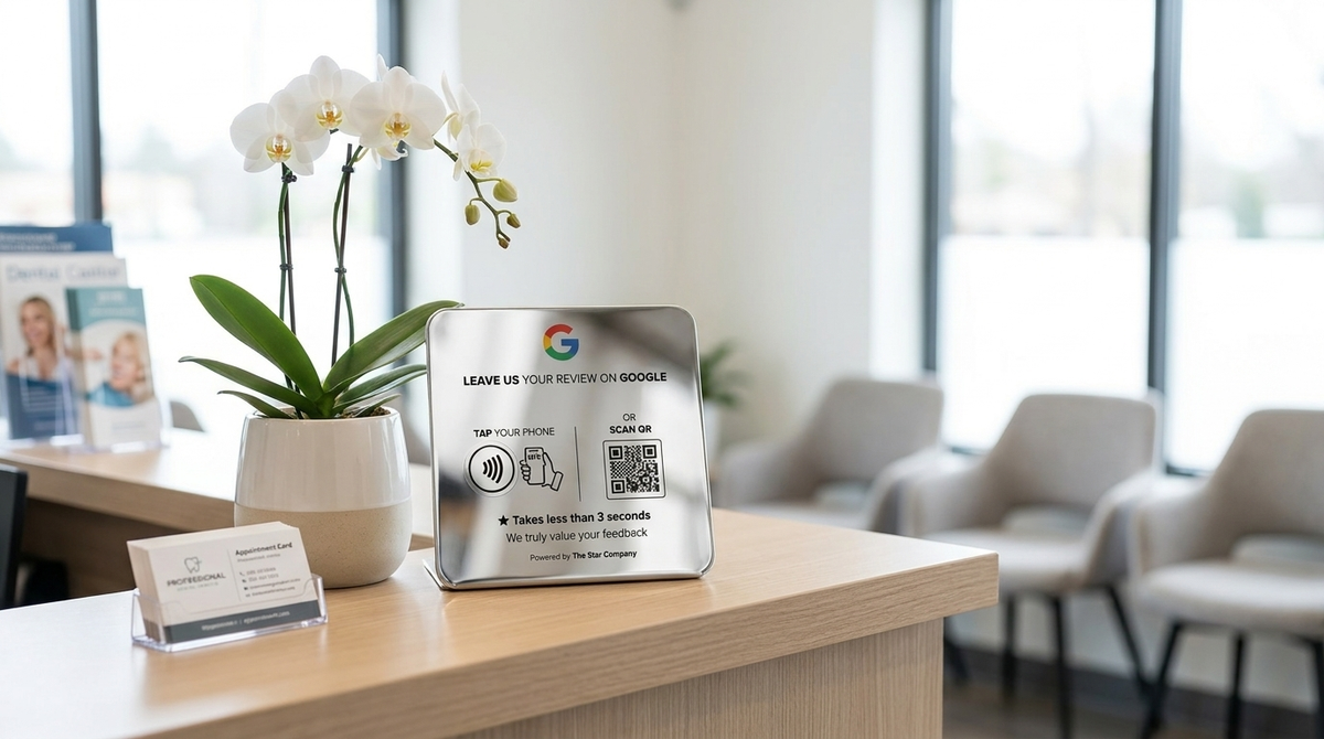 Stainless steel Google review plate on a dental practice reception desk