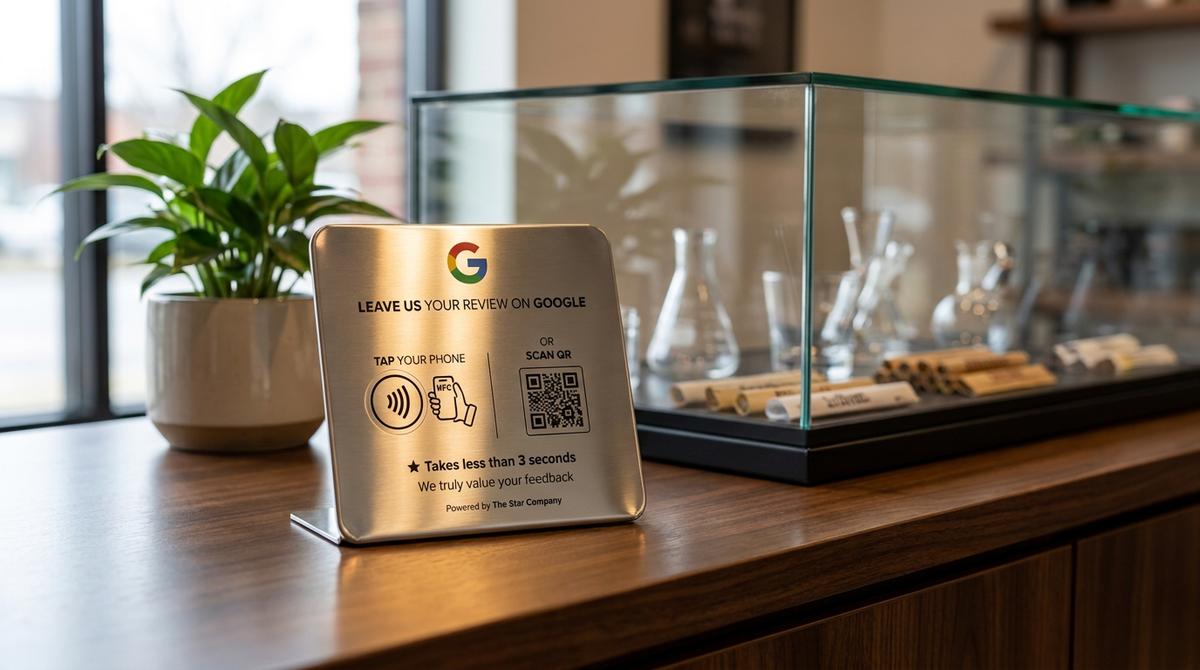 Stainless steel Google review plate on a smoke shop counter