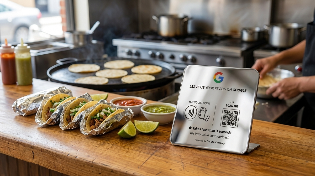 Stainless steel Google review plate on a taco shop counter beside fresh tacos and salsa