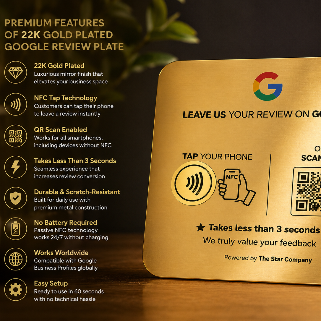AI-assisted gold Google review plate — angled view