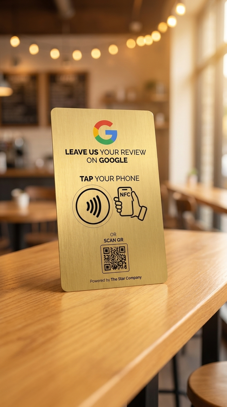 AI-assisted 22K gold plated Google review card standing on a cafe counter