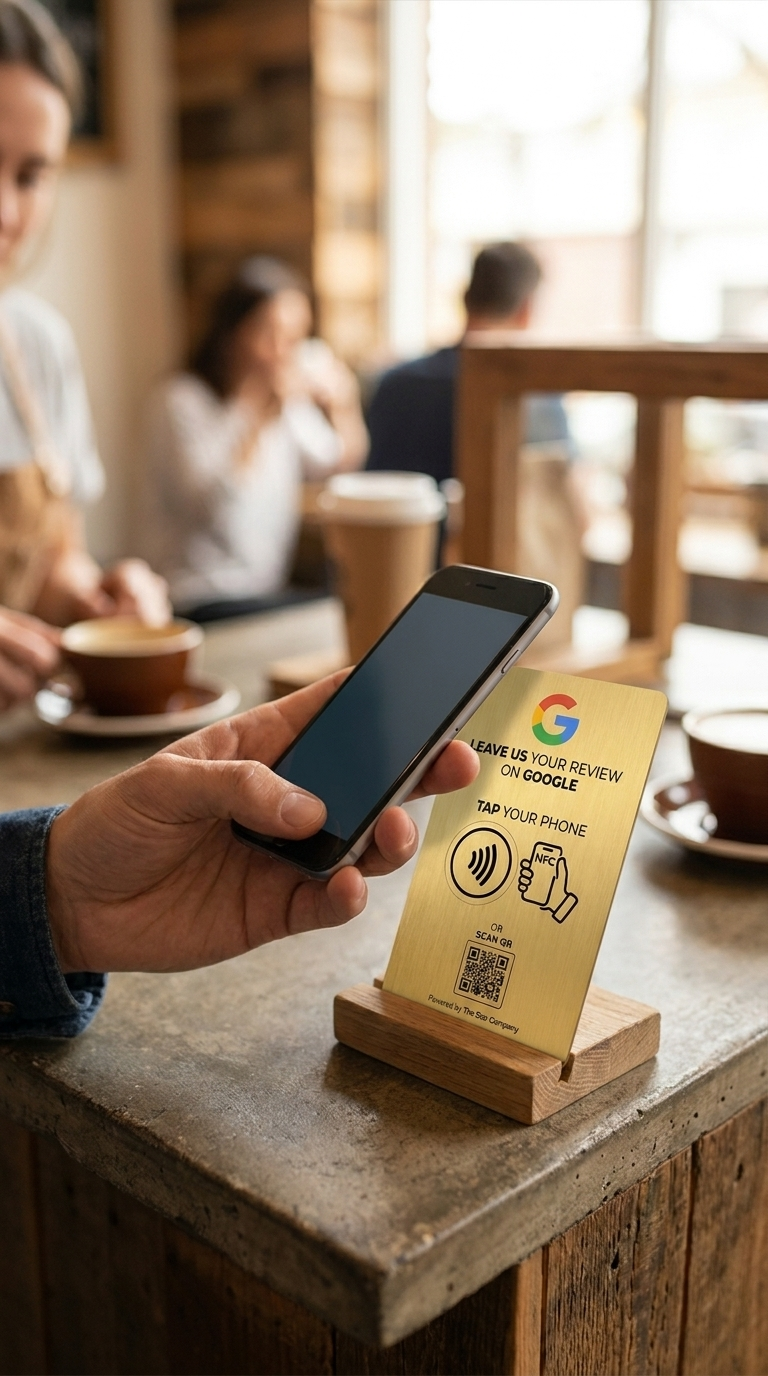 Customer tapping their phone to the stainless steel review card on a cafe counter