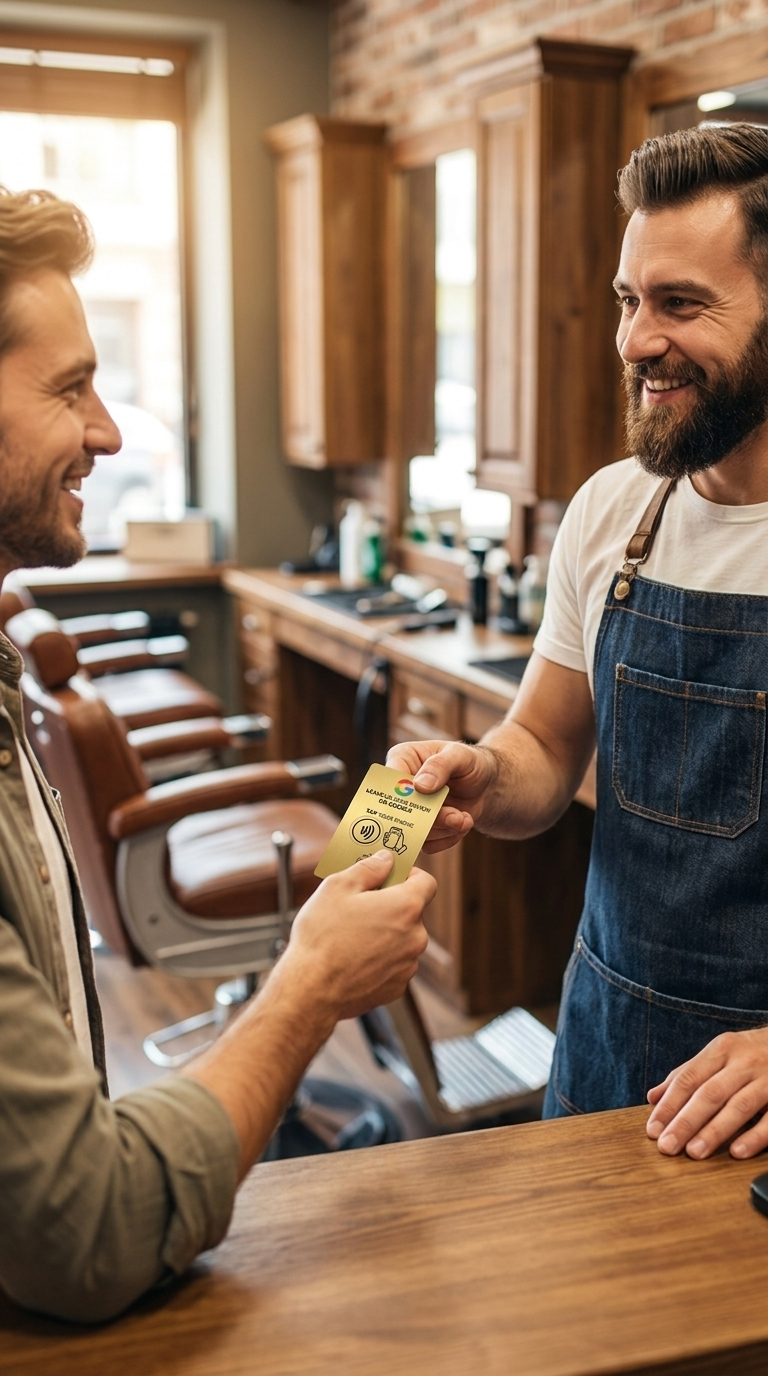 Barber handing a gold Google review card to a customer