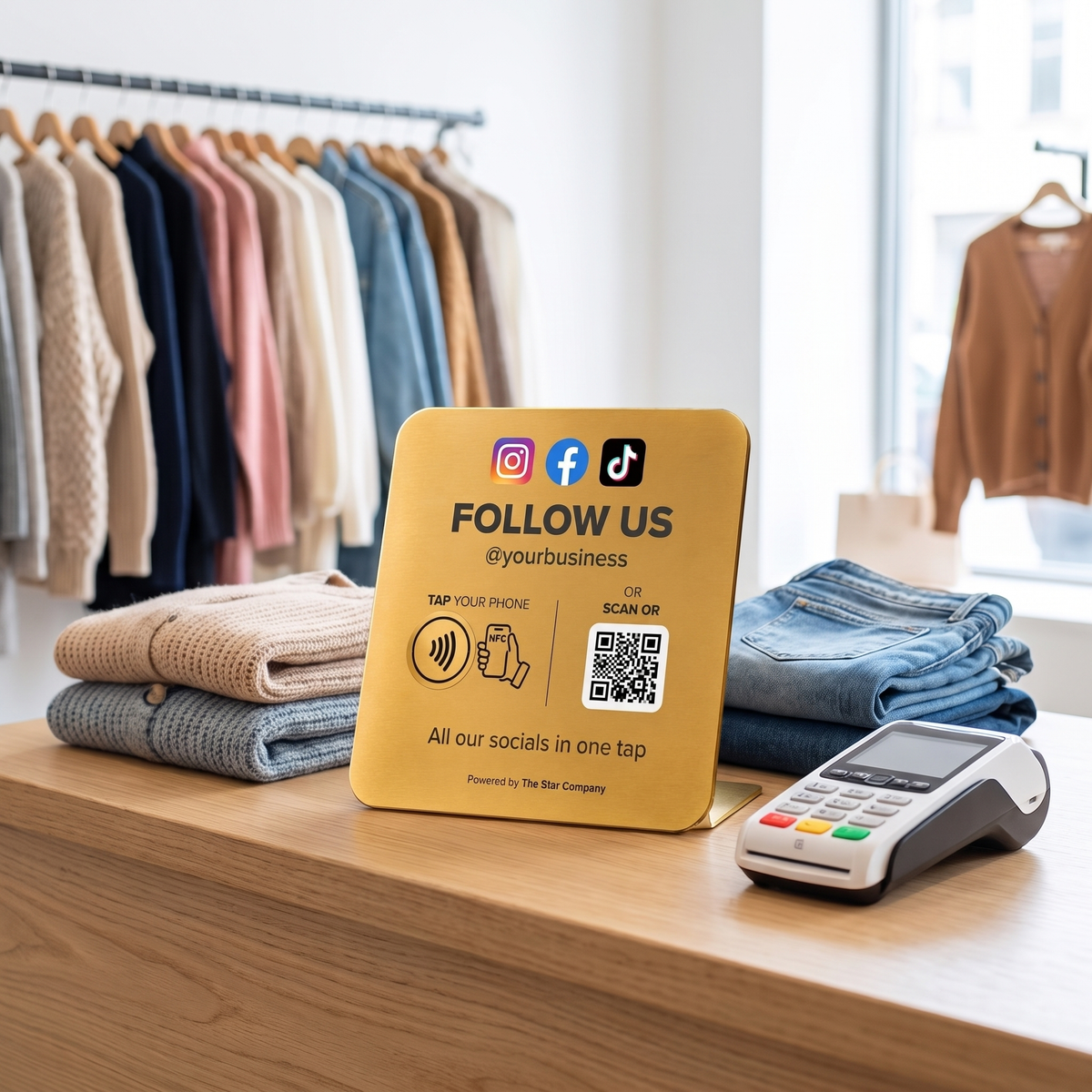Gold Social Media Follow Plate on a boutique clothing store checkout counter