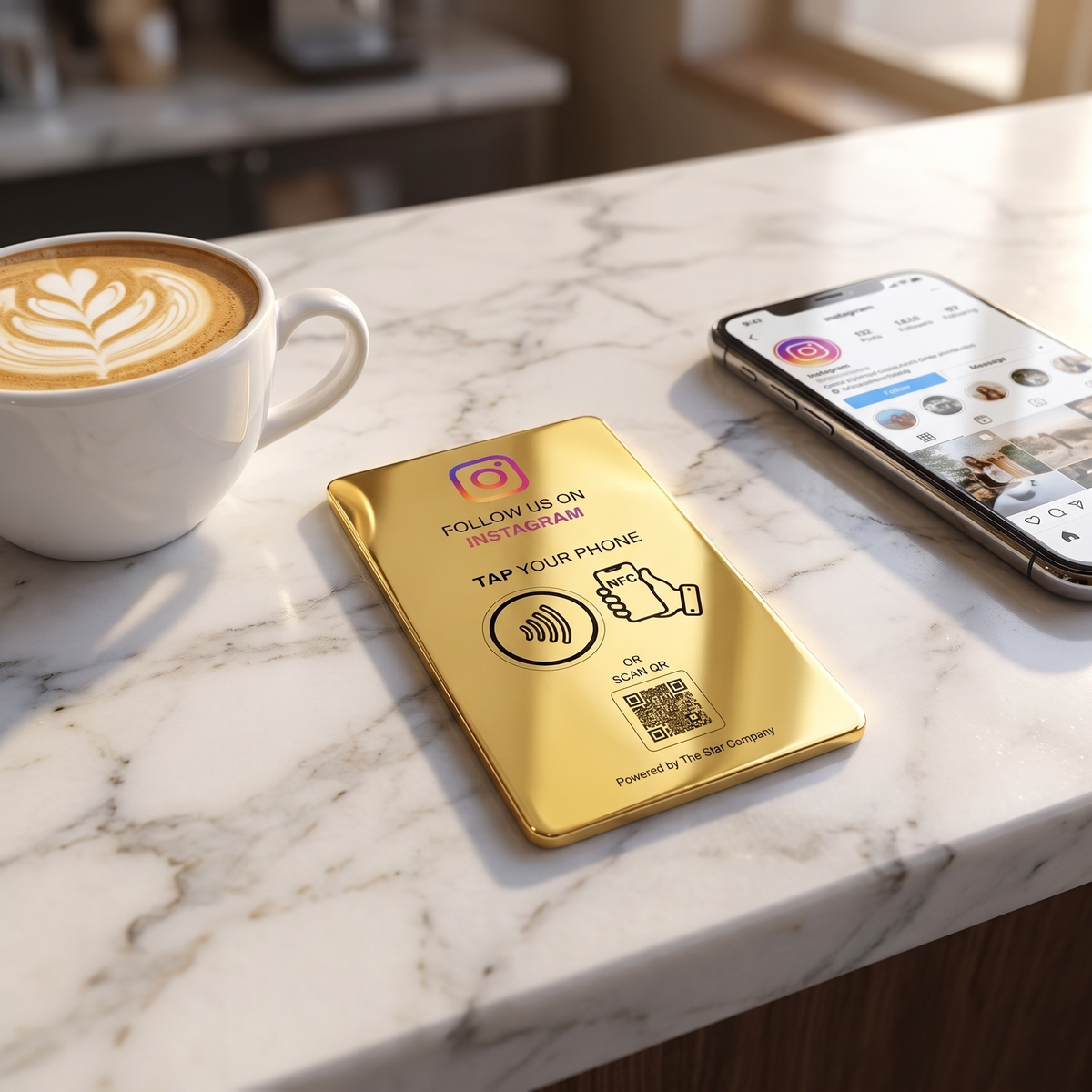 Gold Instagram Follow Card on a marble cafe counter beside a latte and a phone