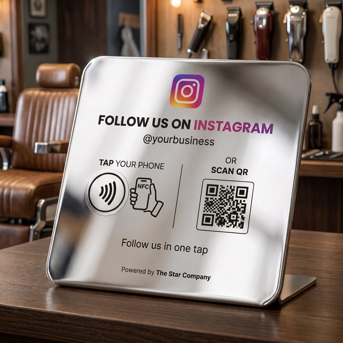 Stainless steel Instagram Follow Plate on a barbershop front counter, NFC tap and QR code
