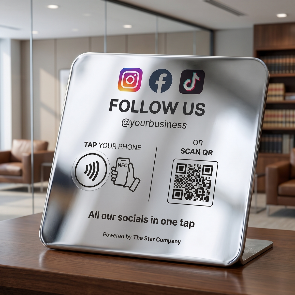 Stainless steel Social Media Follow Plate on a law firm reception desk