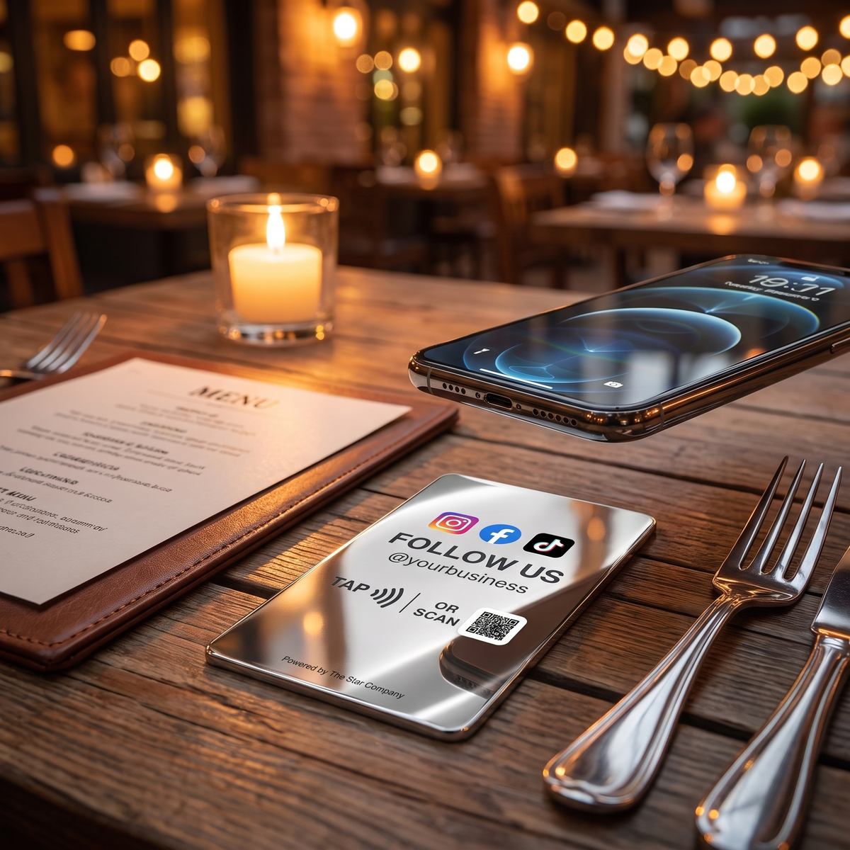 Steel Social Media Follow Card on a restaurant table beside a menu, phone about to tap