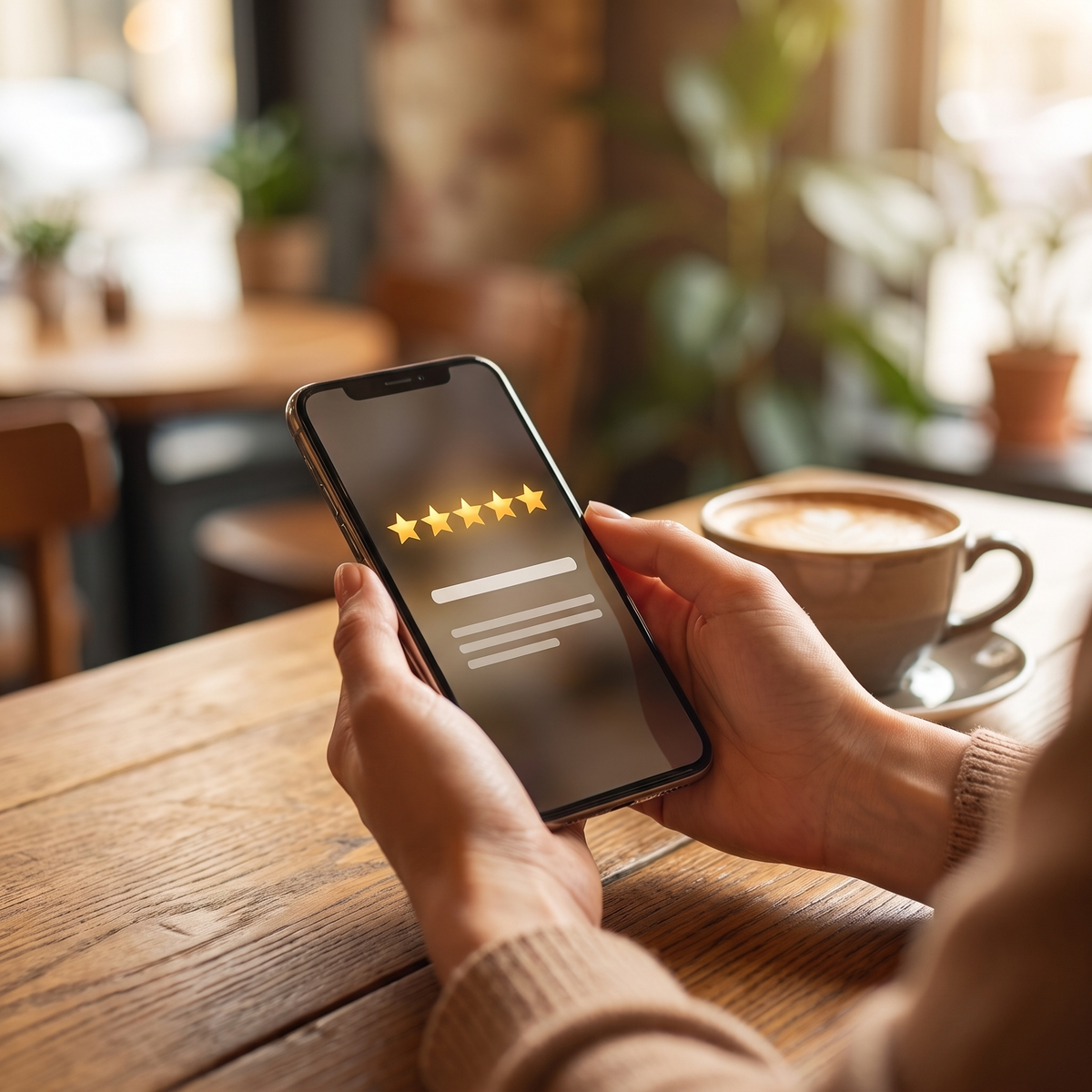 Customer posting a five-star review on their phone at a cafe table