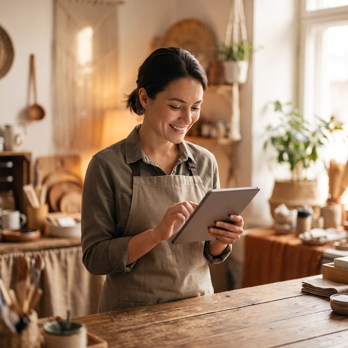 Small business owner reviewing results on a tablet behind their shop counter