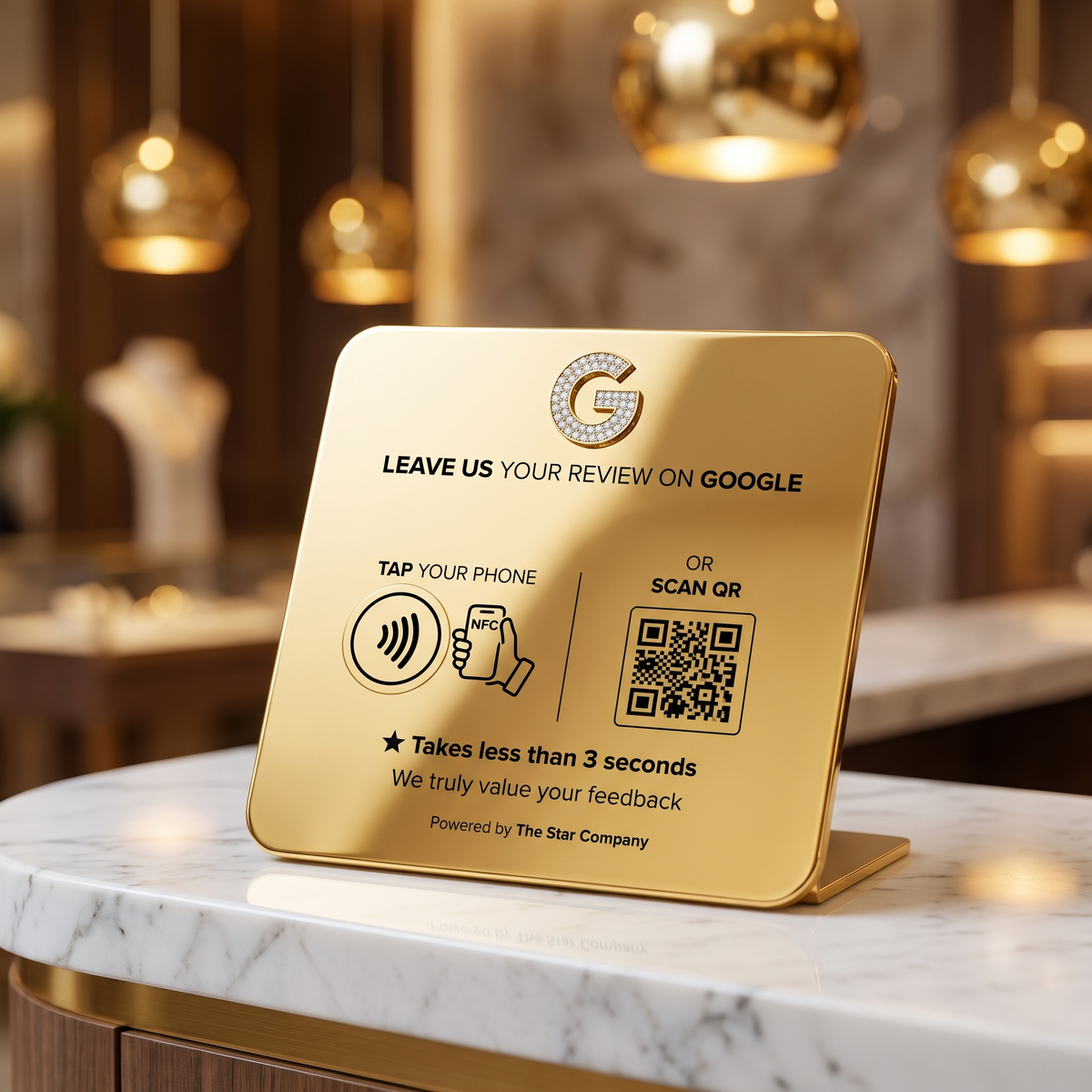 24K gold diamond Google review plate on marble boutique reception counter