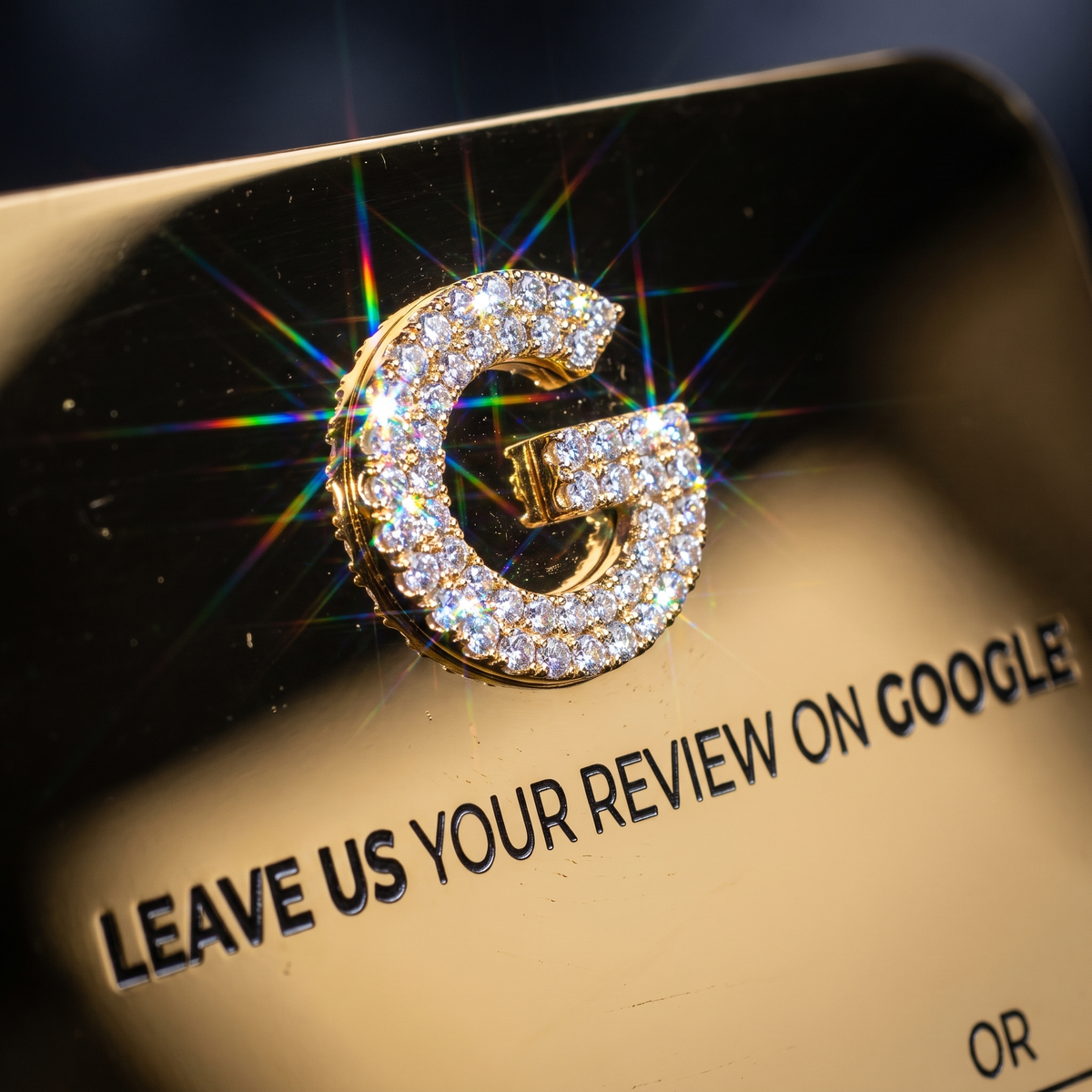 Macro close-up of diamond pave Google G logo, E-F color VVS diamonds on 24K gold plate