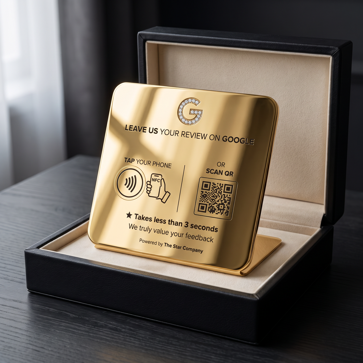 Gold diamond Google review plate in black leather presentation box with cream suede