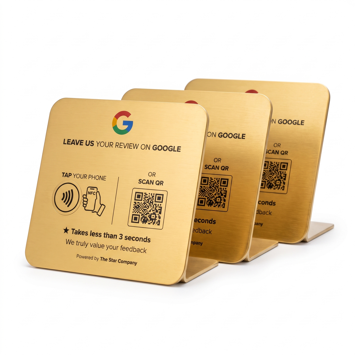 Bundle of 3 — 22K gold Google review plates with NFC tap and QR code