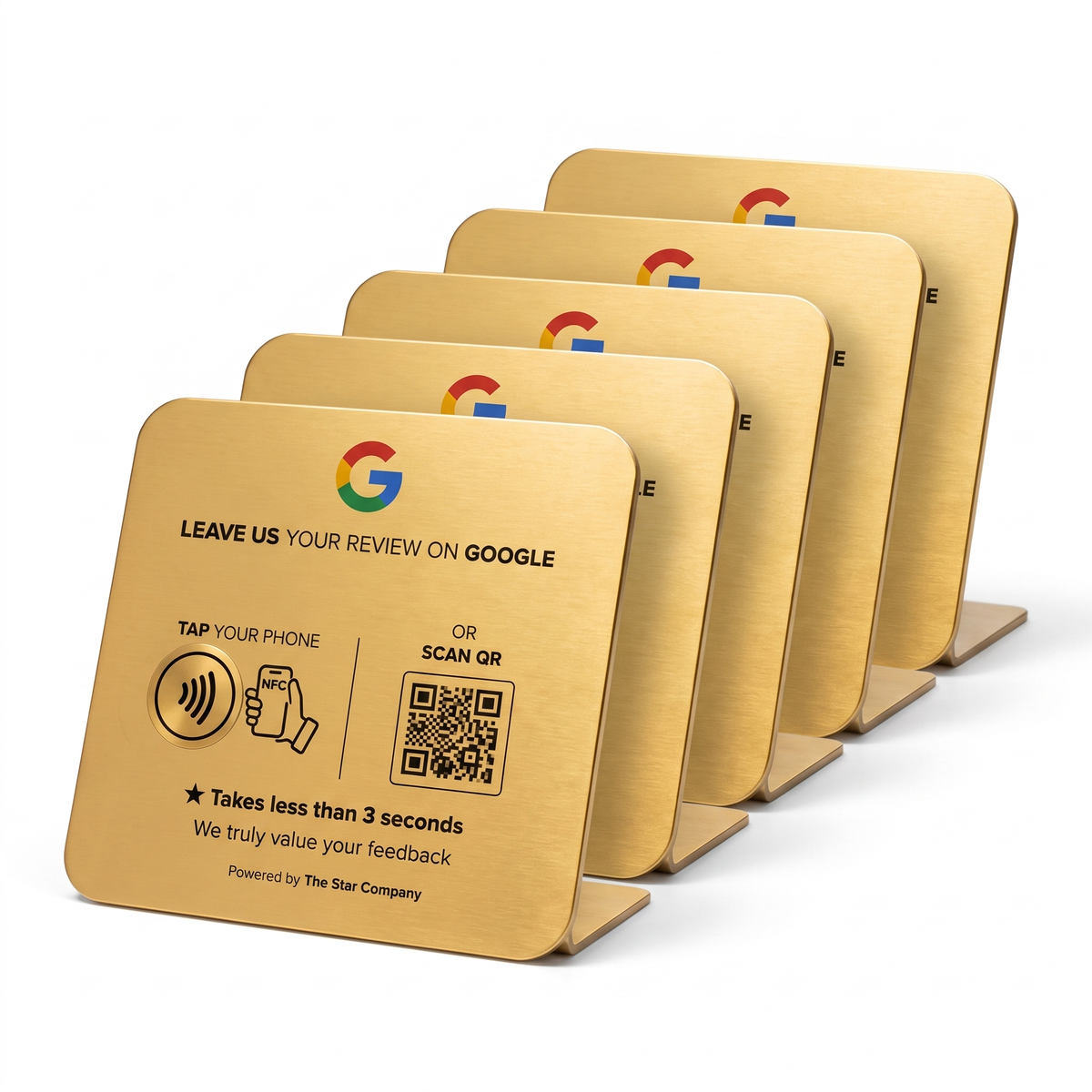 Bundle of 5 — 22K gold Google review plates with NFC tap and QR code