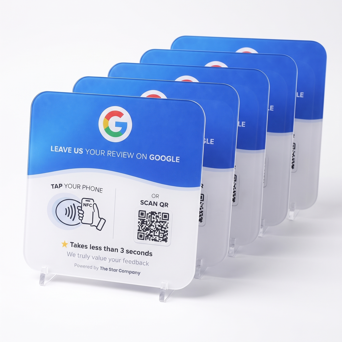 Bundle of 5 — acrylic Google review plates with NFC tap and QR code