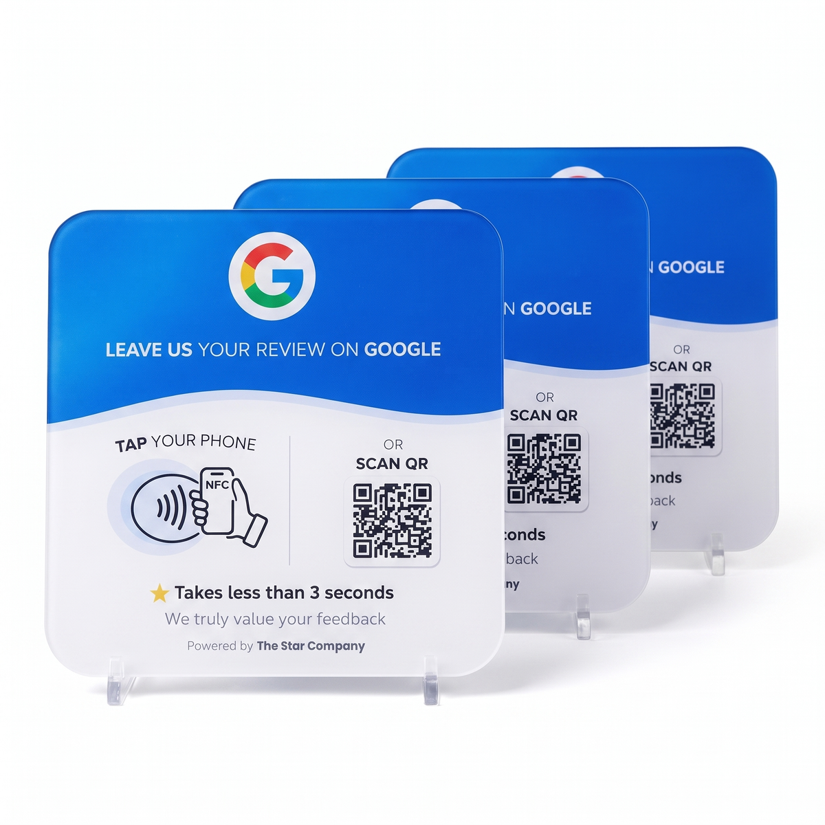 Bundle of 3 — acrylic Google review plates with NFC tap and QR code