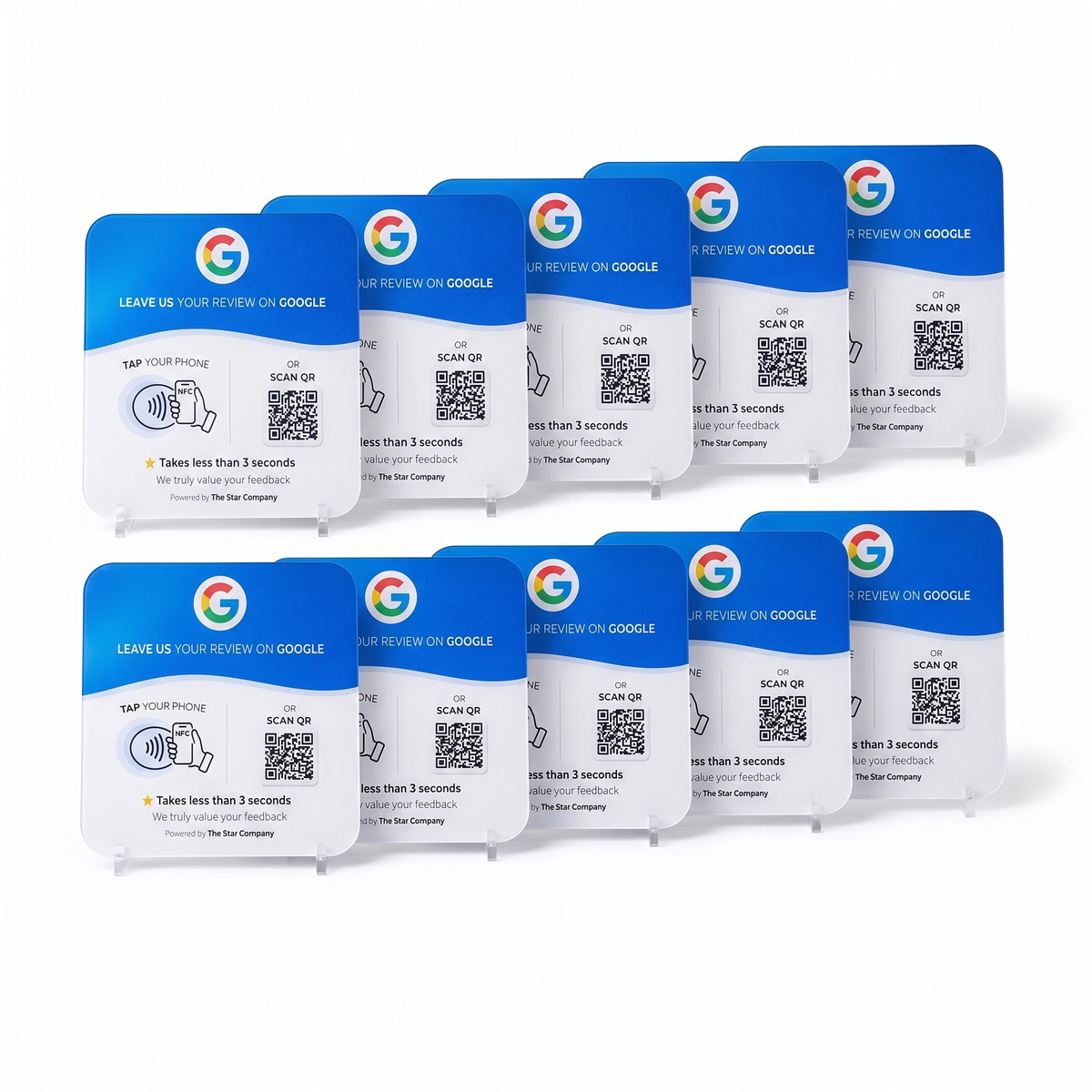 Bundle of 10 — acrylic Google review plates with NFC tap and QR code
