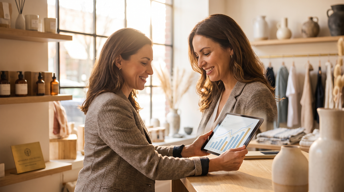 AI Local SEO Agent Pro — business owner reviewing growth analytics on a tablet