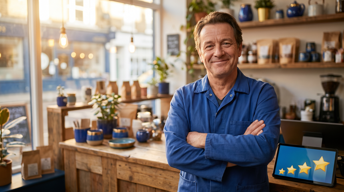 Reputation repair — confident business owner in front of their shop