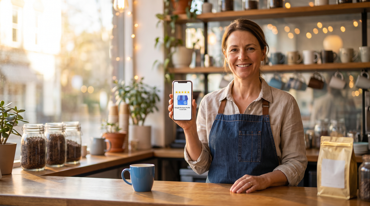 AI Local SEO Agent — business owner viewing 5-star Google reviews on a phone
