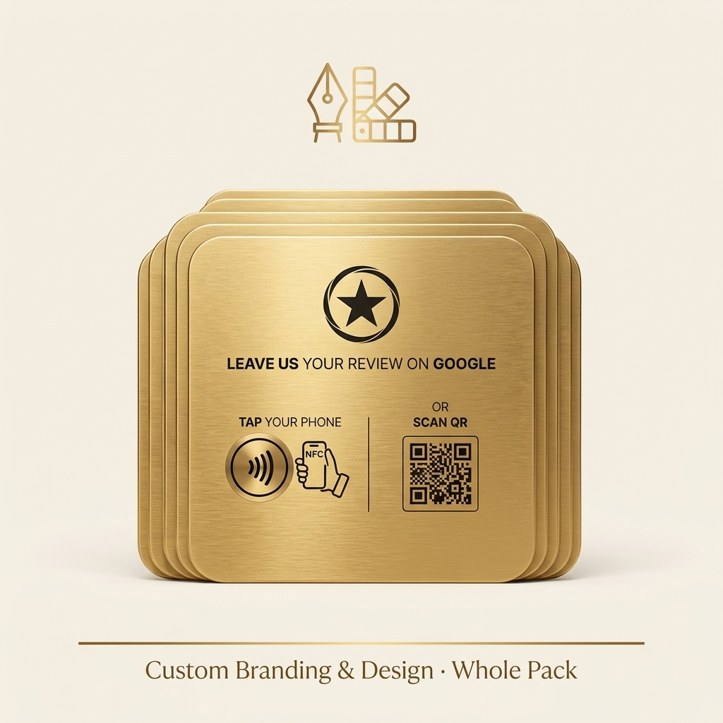 Custom Branding & Design — Whole Pack Add-on: five 22K gold review plates with your logo