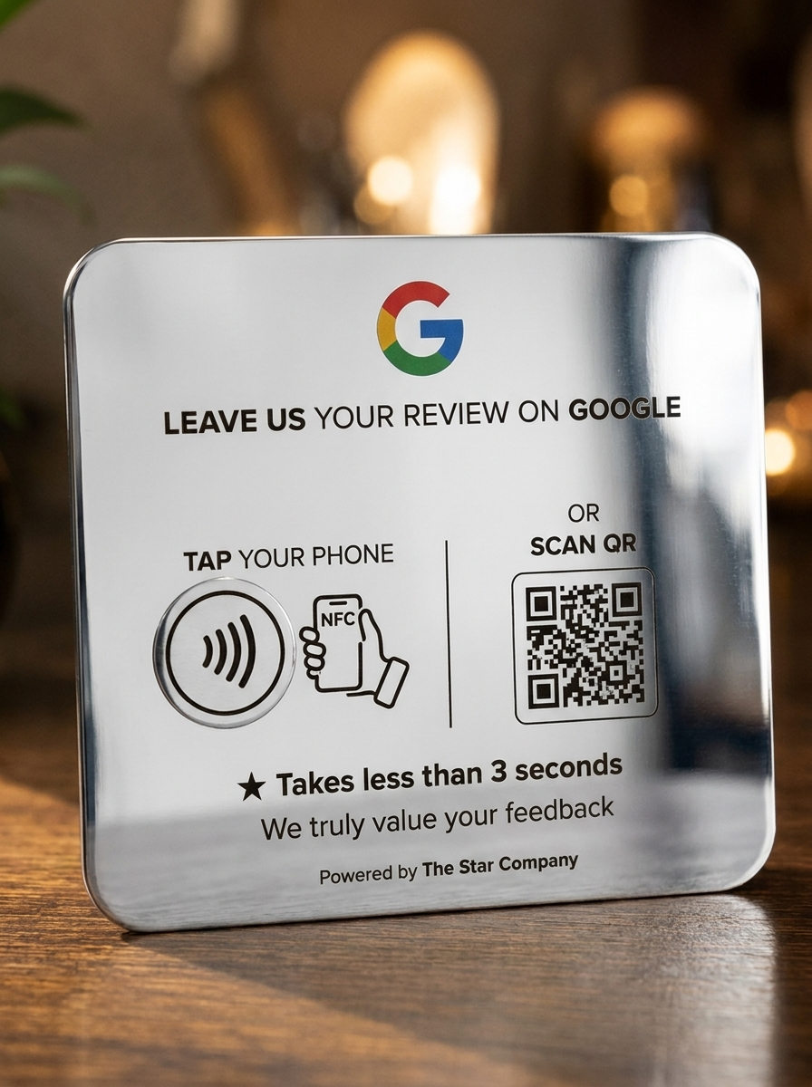 AI-assisted stainless steel Google review plate — flat product view