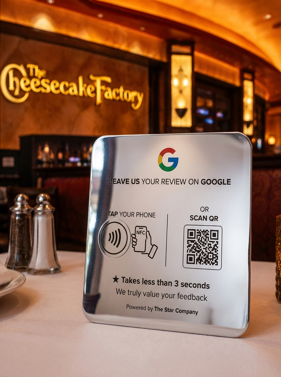 Stainless steel review card being handed to a customer