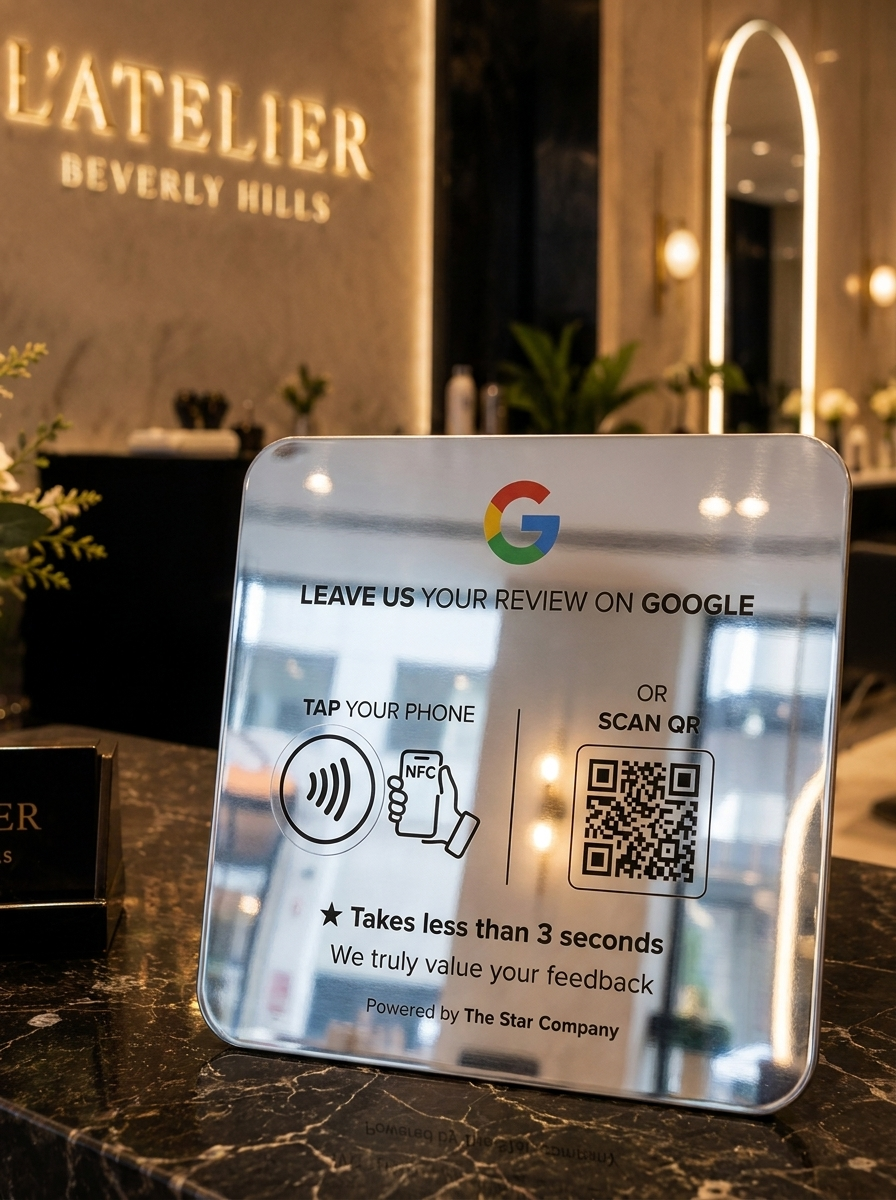 Stainless steel review card on business counter