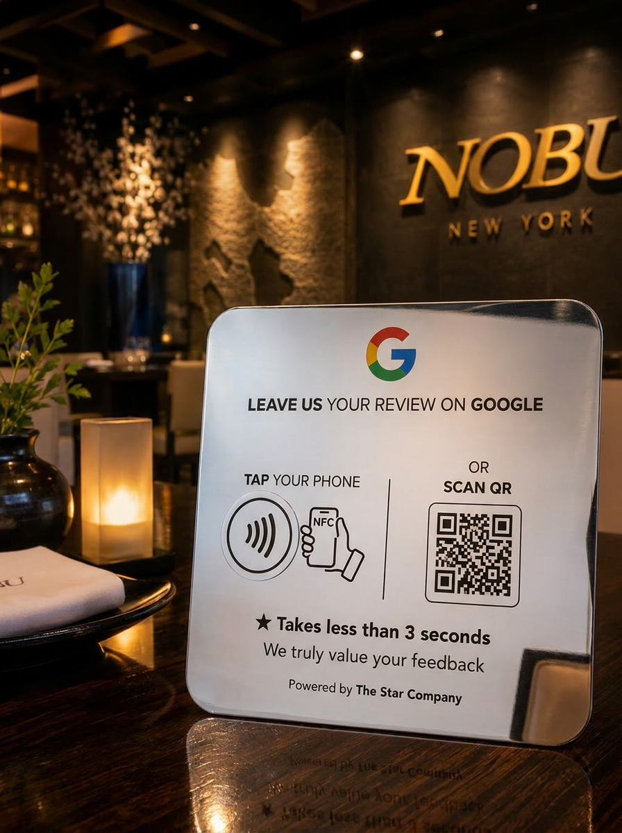 Steel review plate on business counter — scene 3